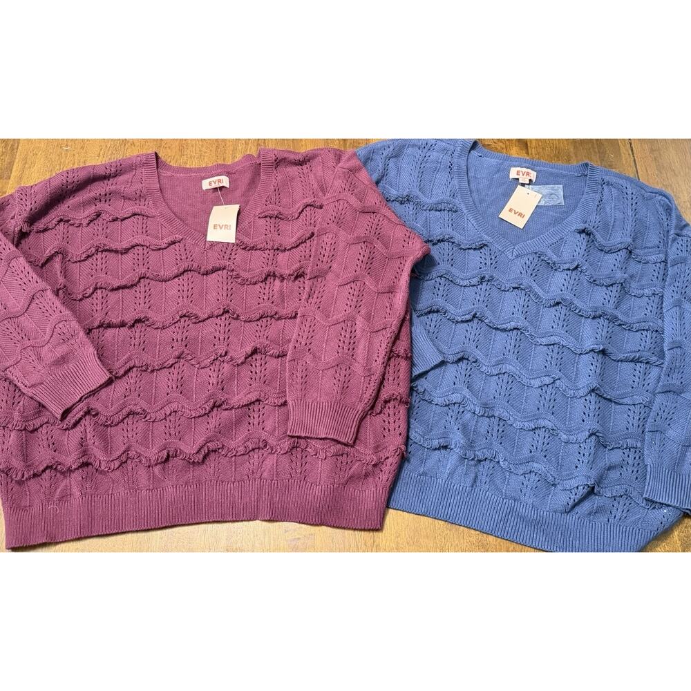 2 New EVRI Sweater Plus 1X Blue & Burgundy Wavy Textured V-Neck Pullover Boho